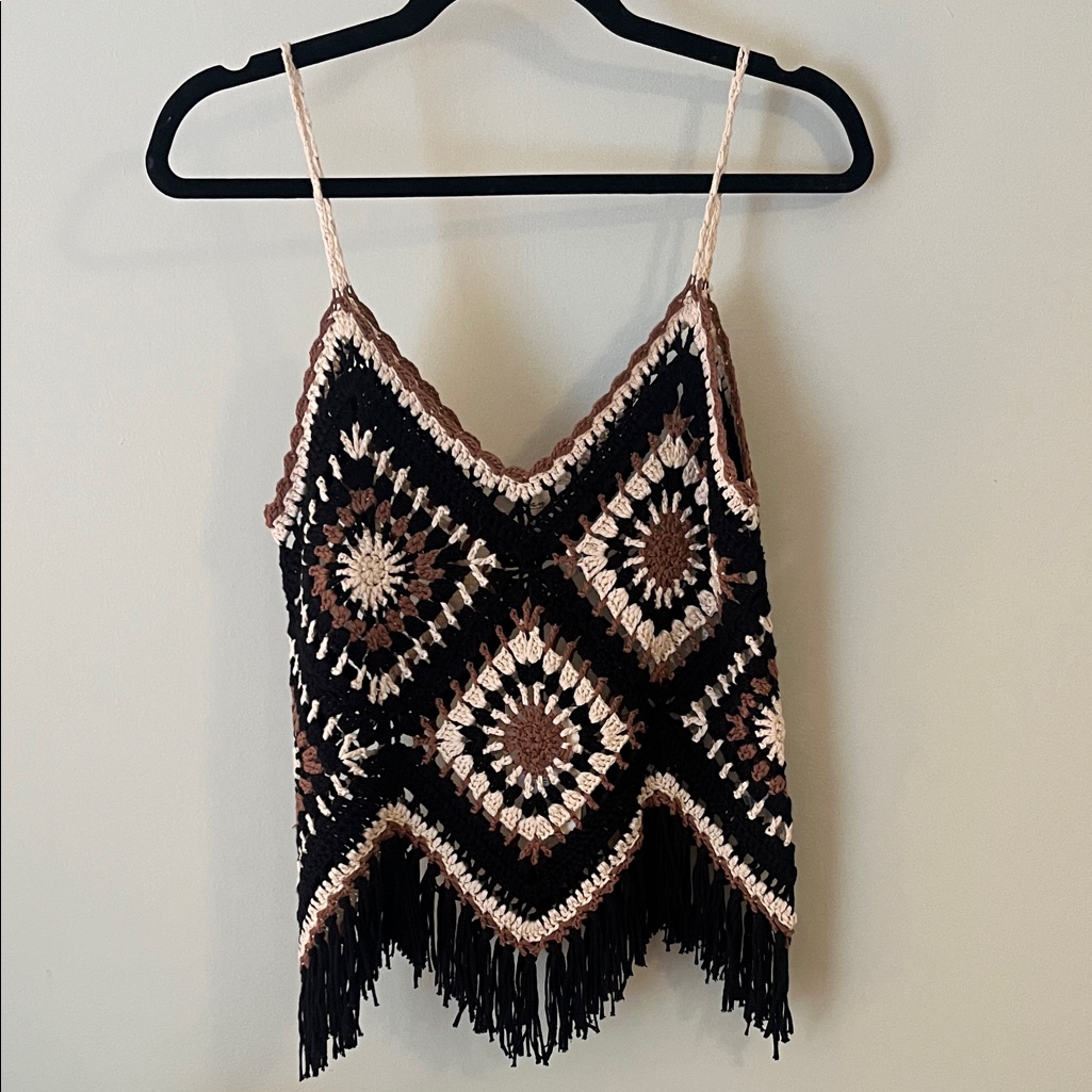 Elan Black And Brown Crochet Camisole With Black Fringe